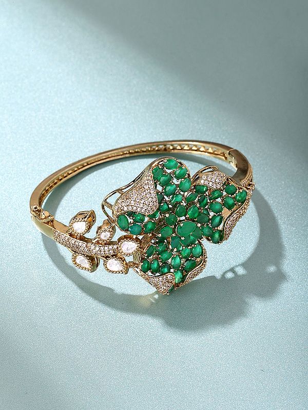 Openable Kundan Bracelet with Floral Design & Green Stones