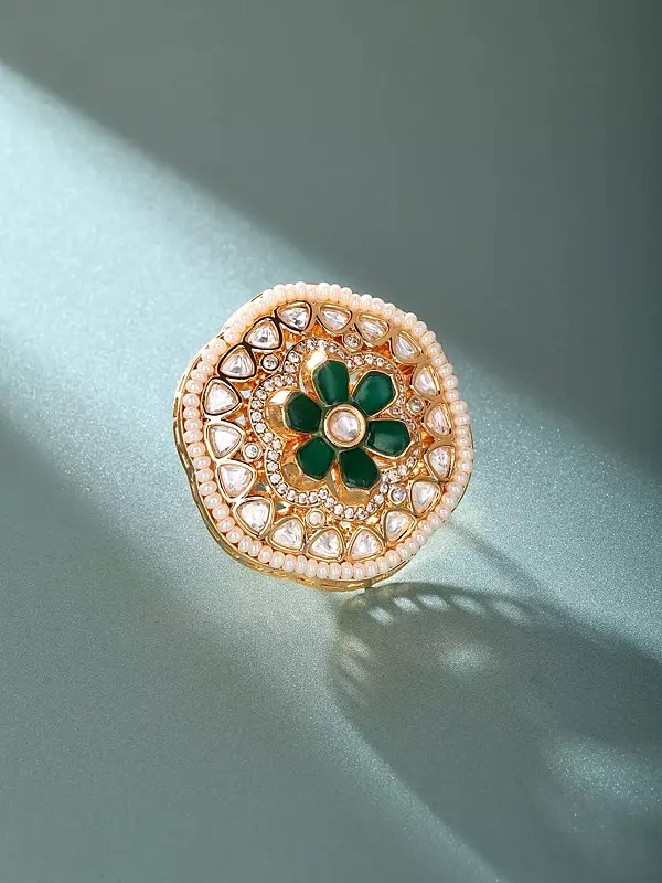 Floral Bloom Kundan Ring with Simulated Emeralds - Adjustable Fit