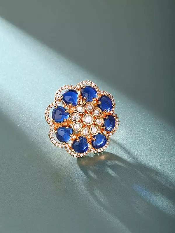 Adjustable Kundan Ring with Blue Flower Design and Stone Studs