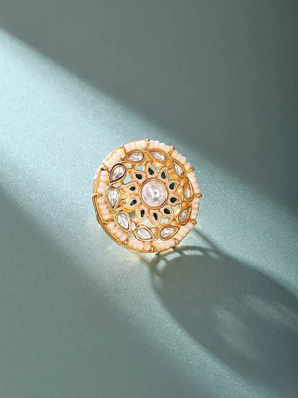 Adjustable Kundan Ring with Flower Motif and Gemstone Accents