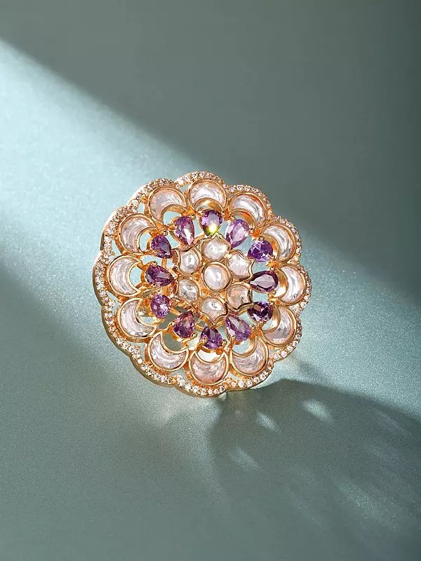 Adjustable Kundan Ring with Purple Gemstone Flower Design