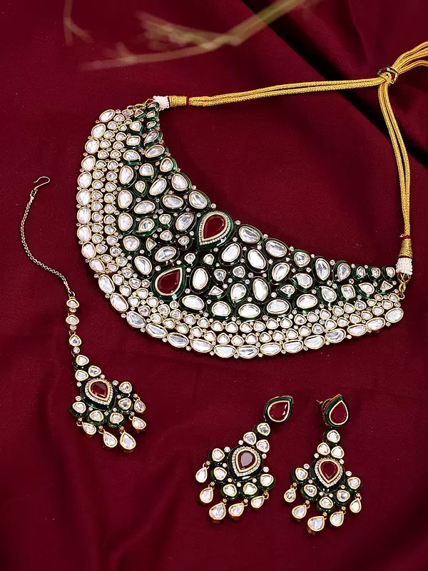 Green Meenakari Kundan Bridal Necklace Set with Earrings and Maang Tikka