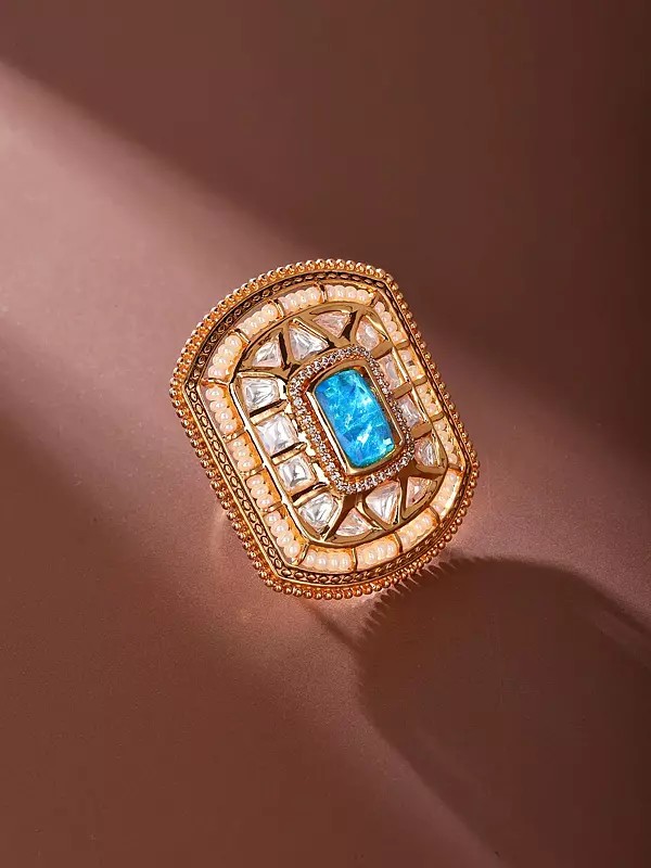 Adjustable Kundan Gemstone Ring with Pearl Border