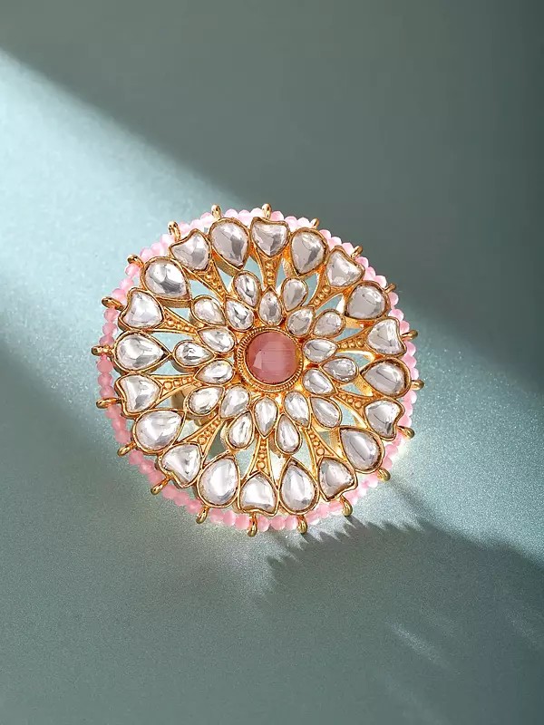 Adjustable Statement Ring with Pink Beaded Halo and Polki Accents