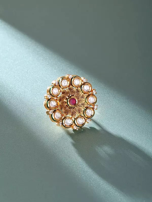 Floral Design Kundan Stone Studded Adjustable Ring