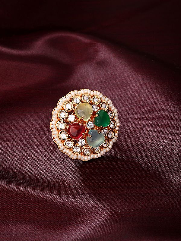 Kundan Adjustable Ring with Multicolor Stones and Pearl Border