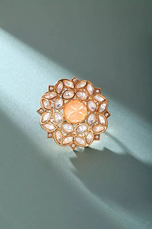 Hexagonal Kundan Statement Ring with Floral Design