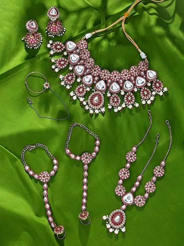 Red Kundan Stone Studded Bridal Wedding Set with Pearl Drop