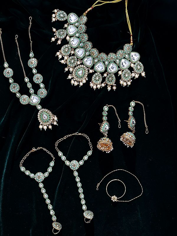 Green Kundan Stone Studded Bridal Wedding Set with Pearl Drop