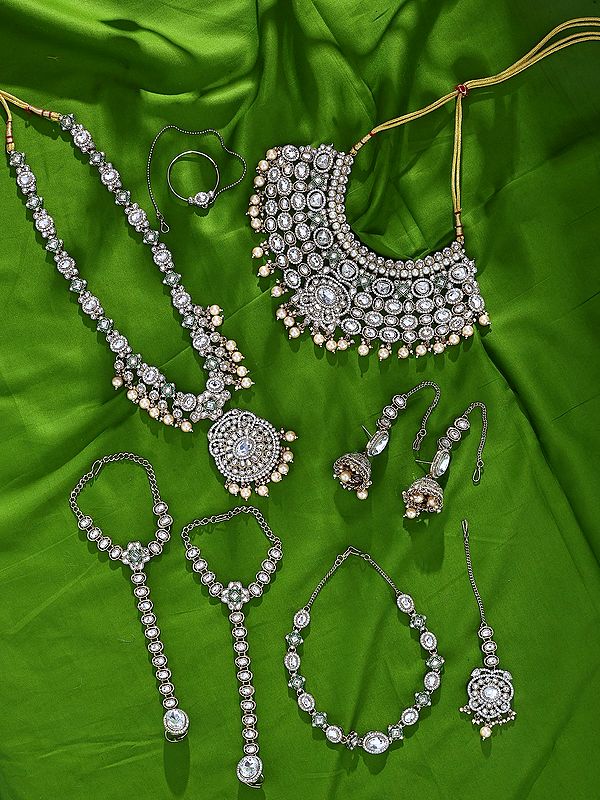 Complete Bridal Jewelry Set: Rani Haar, Haathphool, Nosering, Seesh Patti