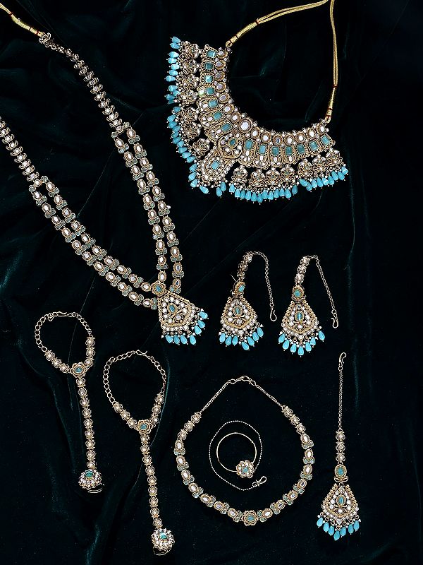 Bridal Wedding Necklace Set with Aqua Stones, Twin-Layered Chains and Dangling Beads