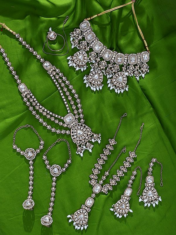 Complete Bridal Jewellery Set: Polki Stones & Pearl Drops