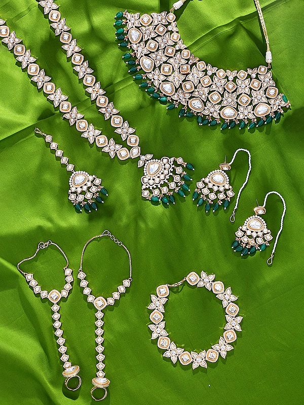 Complete Wedding Jewelry Set: Floral Teardrop Design with Green Beads