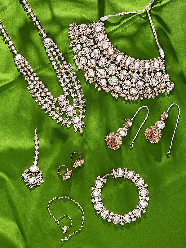 Complete Bridal Polki Jewelry Set with Choker, Haar, Sheeshpatti and Ring