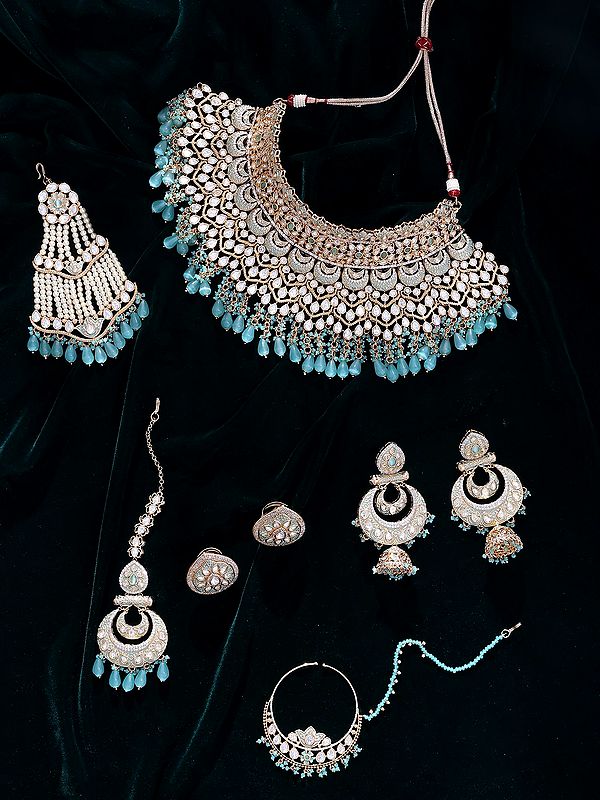 Complete Kundan Jewellery Set for Brides: Maang Tikka, Ring, Nose Ring, Passa