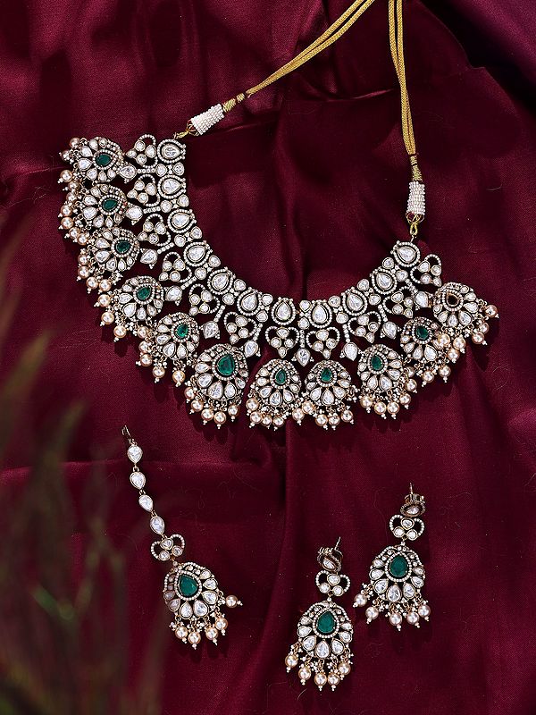 Emerald & Polki Stone Studded Choker Necklace Set with Maang Tikka