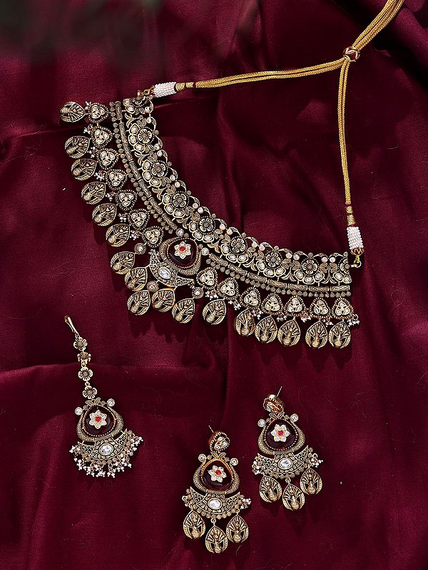 Floral Peacock Design Bridal Choker Set with Earrings and Maang Tikka