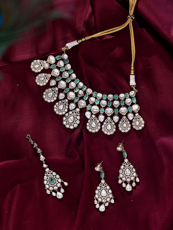 Bridal Choker Set with Oval Cut Polki Stones, Maang Tikka, and Earrings