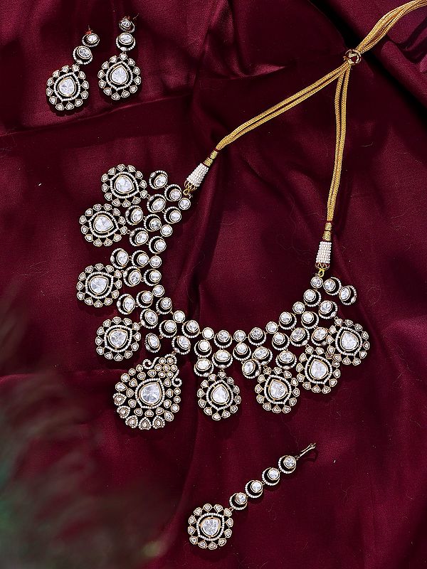 Complete Bridal Choker Set: Pear Shape Polki Necklace, Earrings, and Maang Tikka