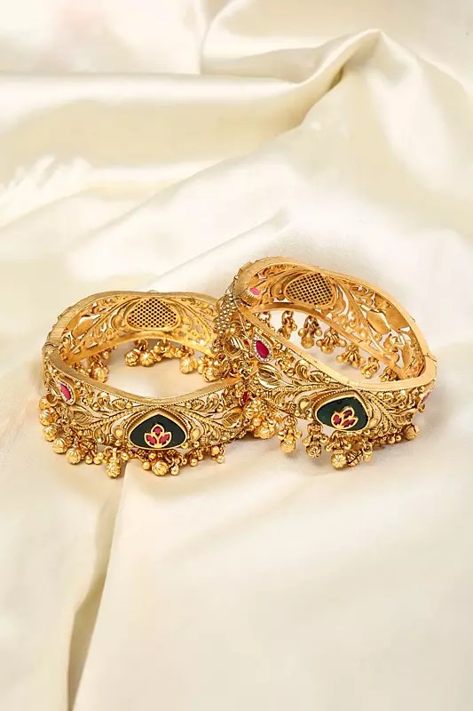 Green Kundan Stone Openable Bangles with Ghungroo Drops (Pair)