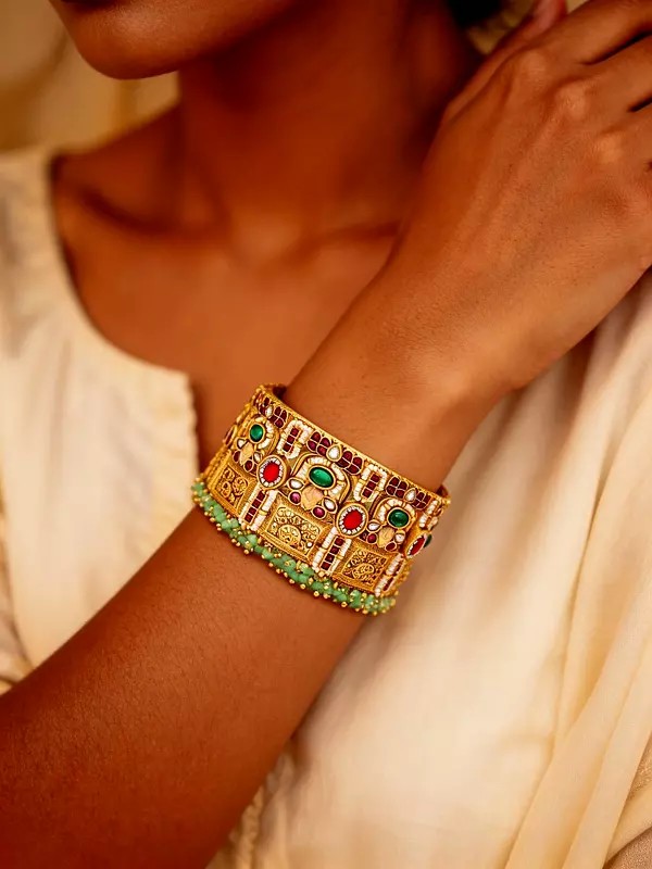 Lotus Floral Kundan Openable Bridal Bangle with Green Bead Drops