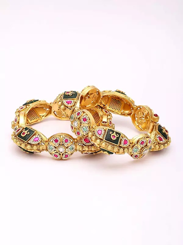 Openable Kundan Bangles with Floral Design - Bridal Pair