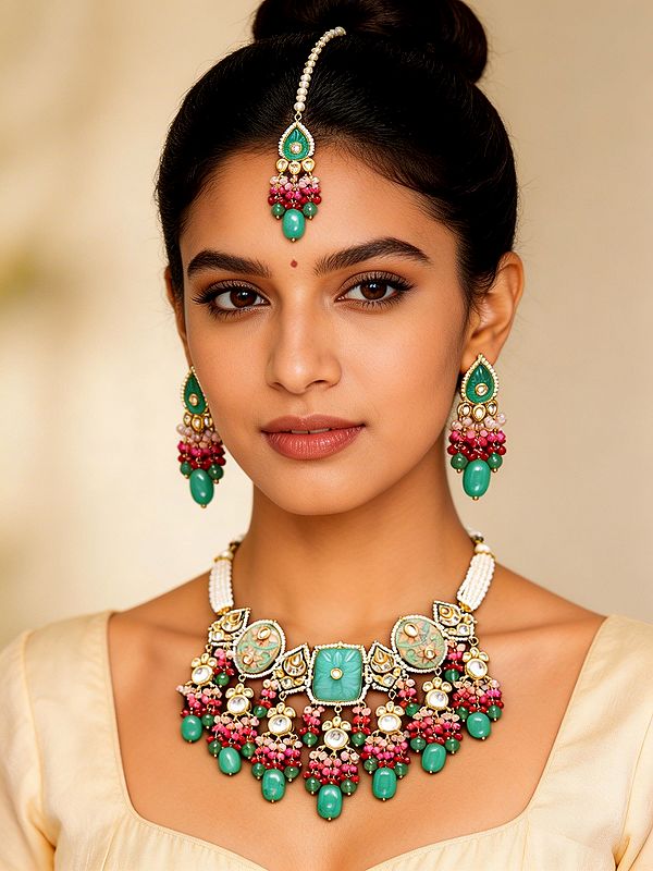 Meenakari Style Kundan Choker Set with Beaded Strands and Maang Tikka