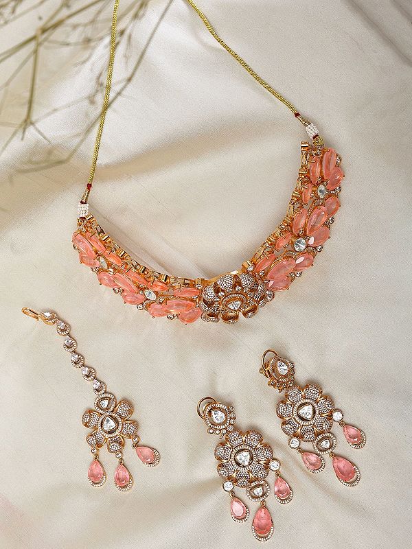 Kundan Necklace Set with Earrings and Maang Tikka | Floral Stone Studded