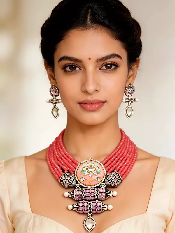 Pink Beaded Multi Strand Kundan Necklace and Earrings Set