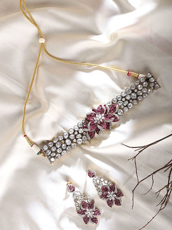 Pink Floral Stone Studded Kundan Choker Set with Earrings