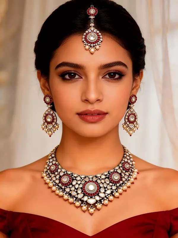 Floral Kundan Bridal Necklace Set with Maang Tikka and Pearl Drops