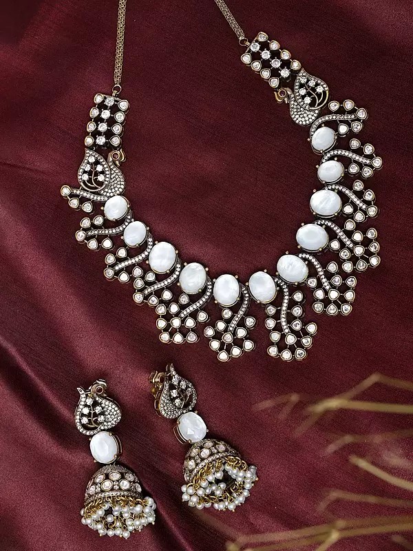 Kundan Necklace Set with White Stone Peacock Design and Jhumka Earrings