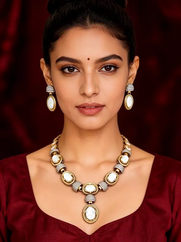 Oval Cute Stone Studded Kundan Necklace and Earrings Set