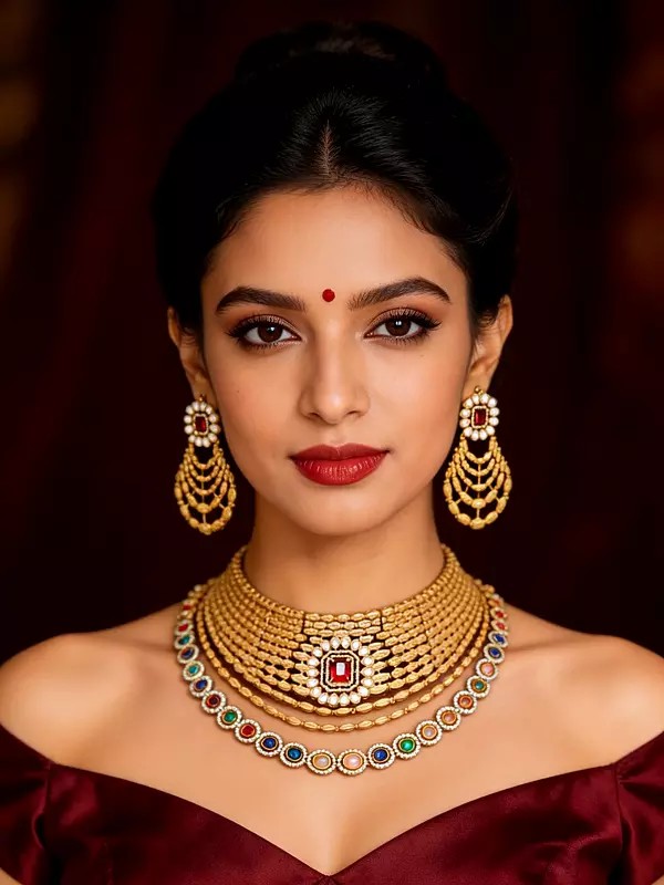 Multi-Color Navratna Kundan Stone Studded Layered Choker Necklace Set with Earrings