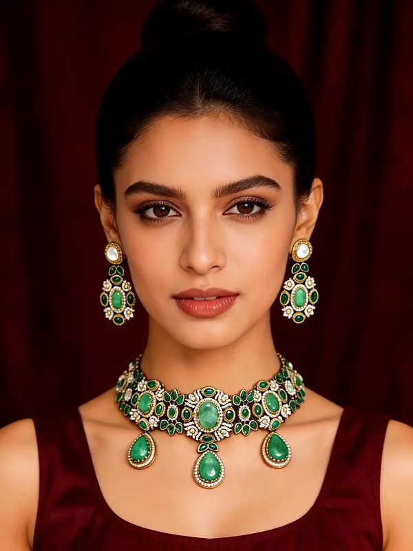 Green Stone Studded Kundan Necklace Set with Earrings