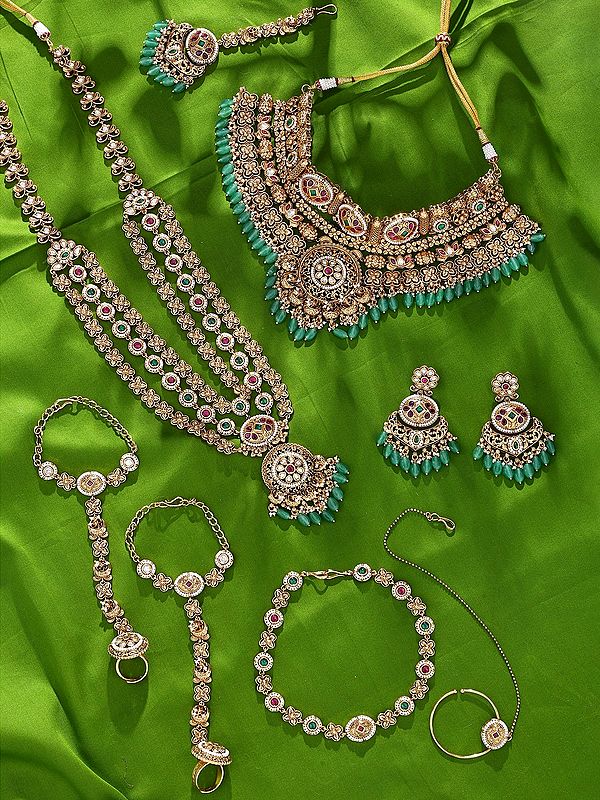 Green Bead Drop Multi Strand Kundan Bridal Necklace with Wedding Jewelry Set