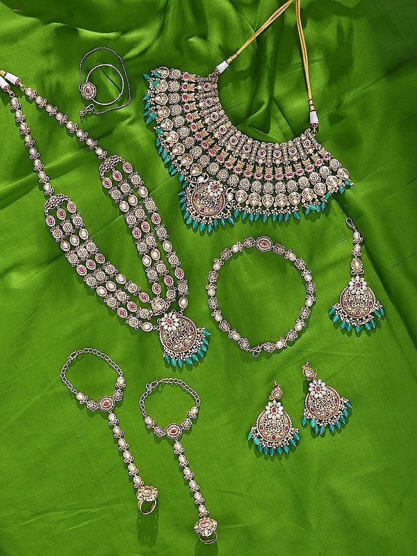Multi-Layered Rajwadi Bridal Jewellery Set with Polki Stones & Green Beads