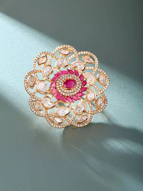 Kundan Stone Studded Floral Design Adjustable Statement Ring