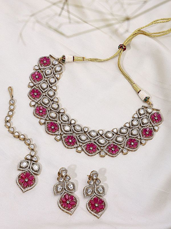 Flower Design Kundan Stone Choker Set with Maang Tikka
