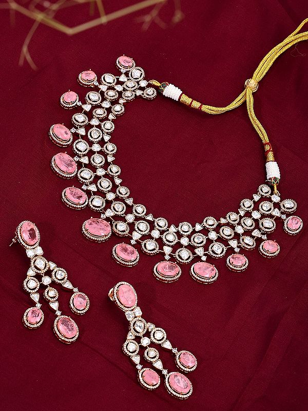 Semi Bridal Necklace Set with Pink Kundan Stones & Earrings