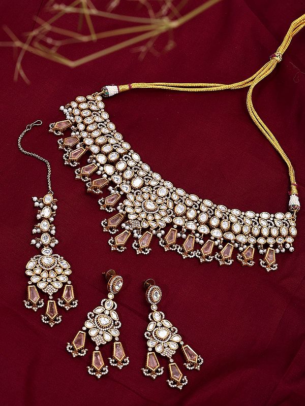 Peach Drop Stone Kundan Bridal Choker Necklace Set with Maang Tikka