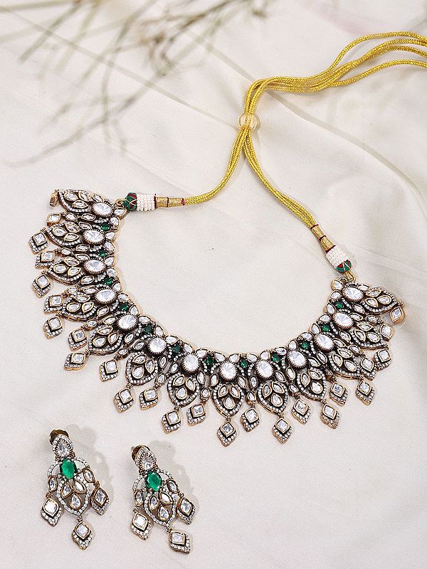 Bridal Kundan Choker Necklace Set with Green Stones and Earrings