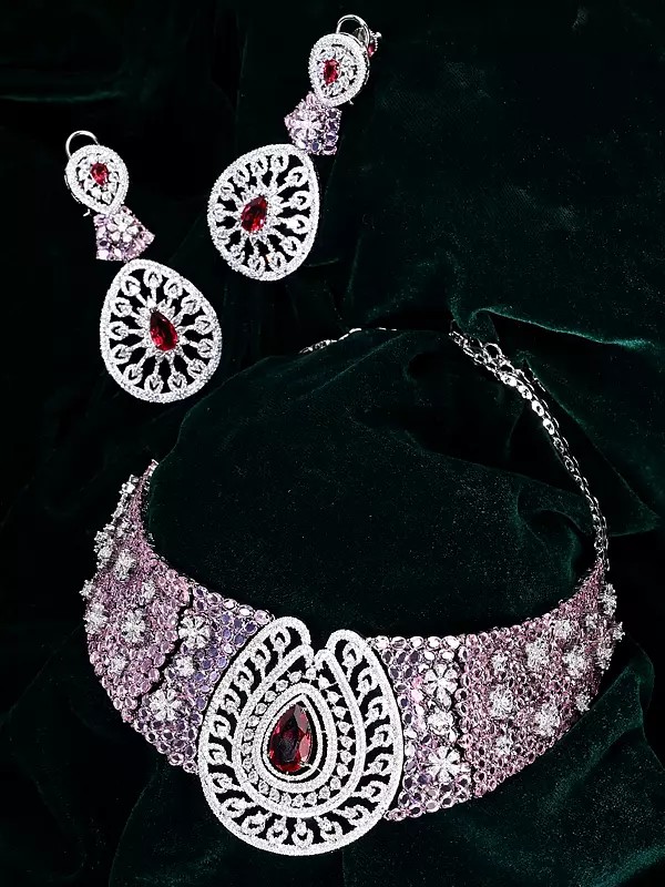 Elegant Necklace and Earring Set with Pink American Diamonds