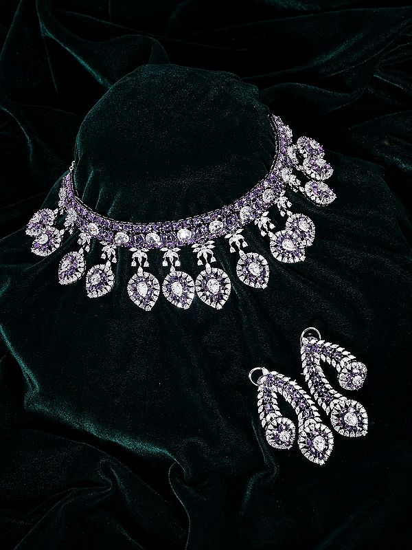 Stone Studded Necklace Set with Purple Teardrop Design