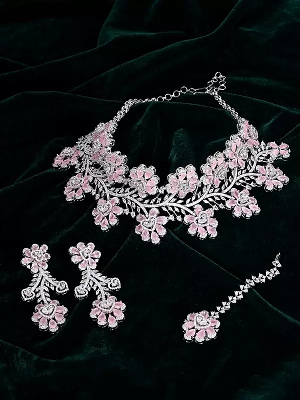 Floral Design American Diamond Necklace Set & Maang Tikka