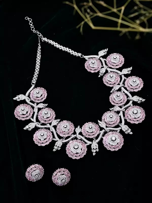 Floral American Diamond Bridal Statement Necklace Set with Stud Earrings