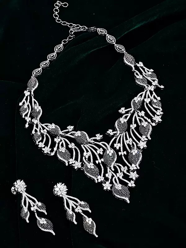 Vine Design American Diamond Necklace Set with Dangle Earrings