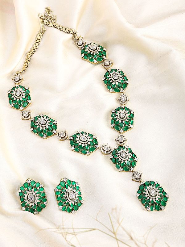 Green Crystal Floral Necklace Set with Stud Earrings