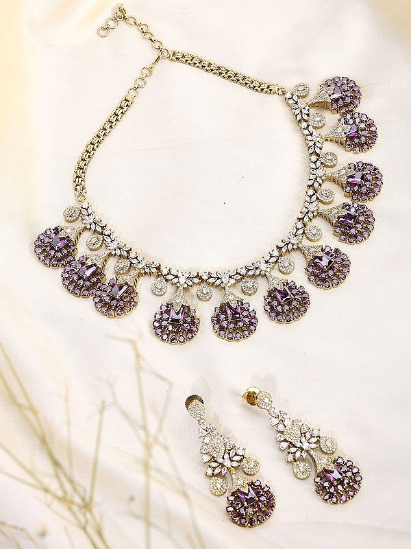 Floral American Diamond Necklace Set with Matching Earrings
