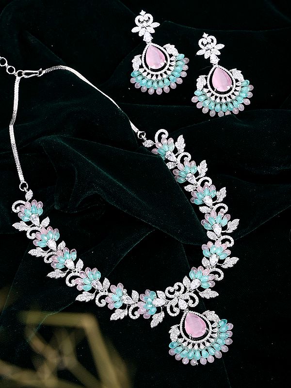 American Diamond Necklace Set with Leaf Motif & Gemstone Accents